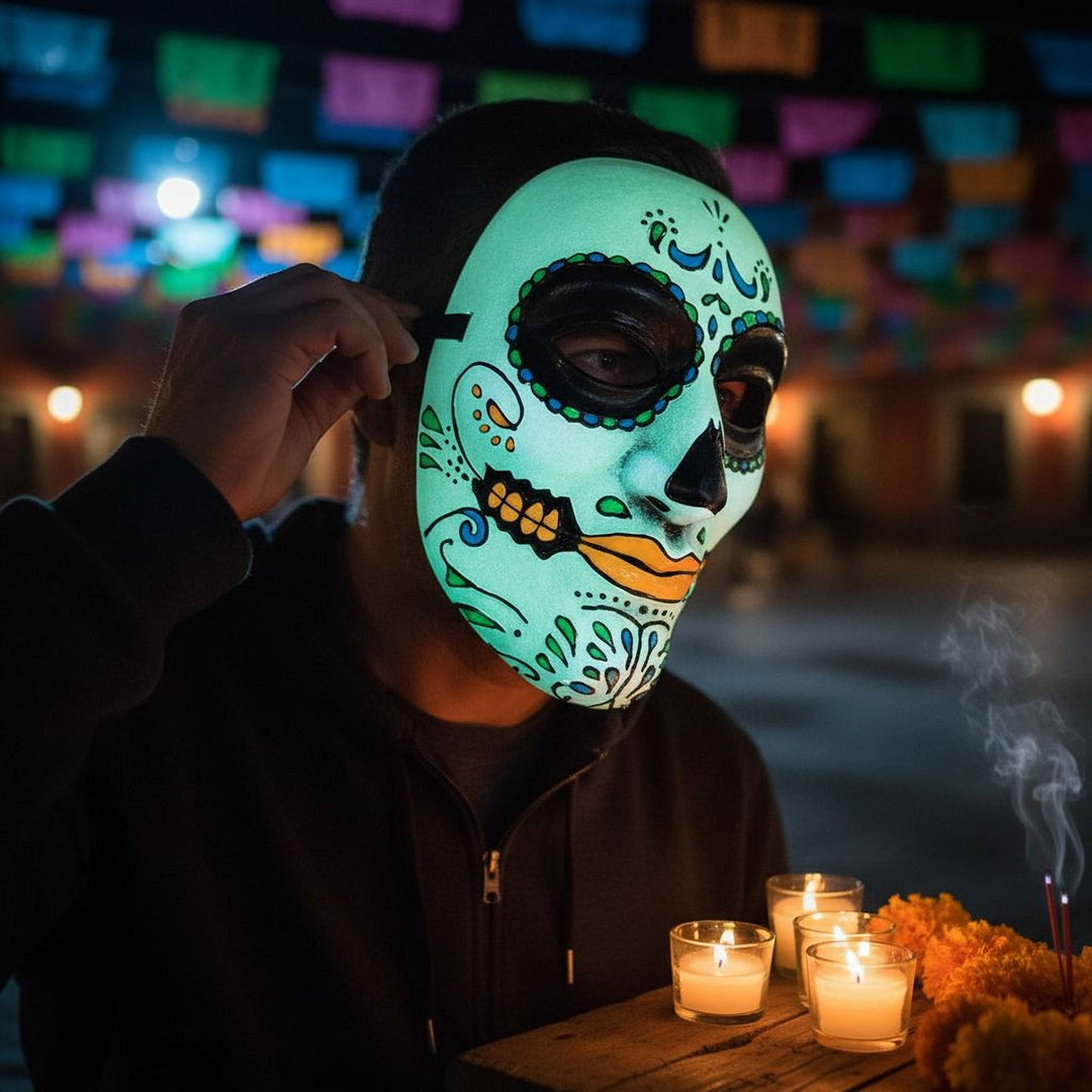 A person wearing a colorful Day of the Dead mask is sitting in front of lit candles, with a blurred background suggesting a festive atmosphere.
